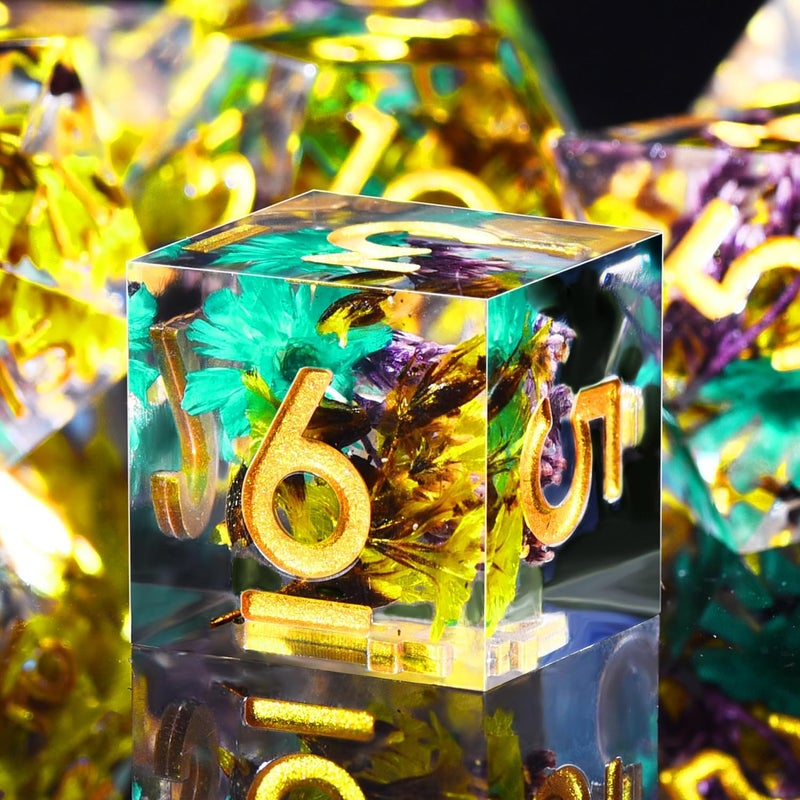 AUSTOR 7-Die DND Dice Set Handmade Sharp Edge Dice Resin Polyhedral Dice for Dungeons and Dragons RPG MTG Table Games（Yellow & Violet Glenflower） - Image 1